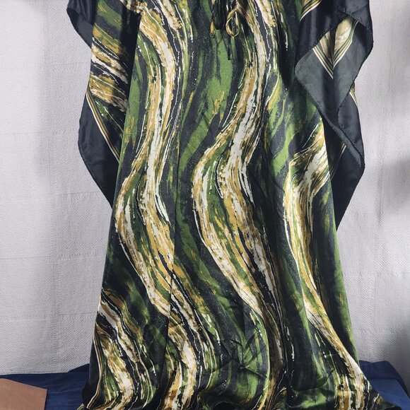 Bobbie Brooks Vtg Green Black Gold Abstract Stripe Cinch Waist Poly Kaftan OSFM - Picture 5 of 16